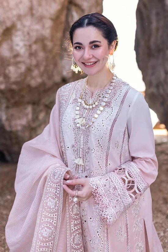 QALAMQAR-3PC LAWN LASERCUTWORK EMBROIDERED SHIRT WITH KHAADI NET EMBROIDERED DUPATTA AND TROUSER
