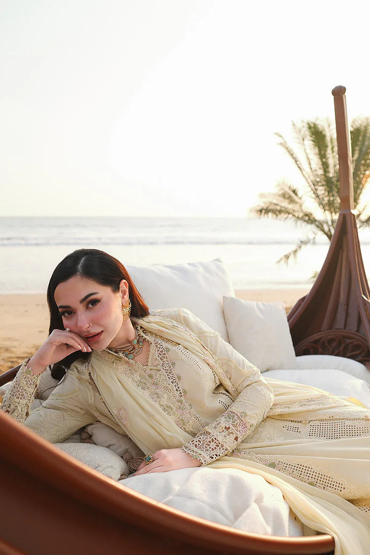 QALAMQAR-3PC LAWN LASERCUTWORK EMBROIDERED SHIRT WITH KHAADI NET EMBROIDERED DUPATTA AND TROUSER-UR-3649