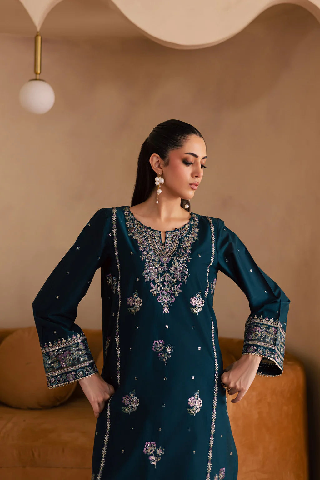 BATIK-2PC DHANAK SEQUIN EMBROIDERED SHIRT & EMBROIDERED TROUSER-UR-4010