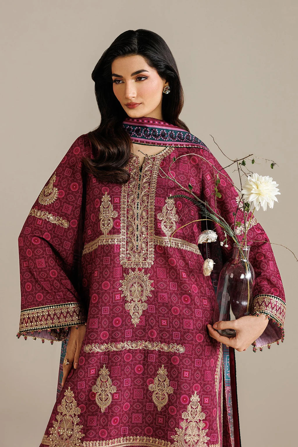 JAZMIN-3PC LAWN PRINTED EMBROIDERED SHIRT WITH BLOSSOM PRINT DUPATTA AND PRINT EMB TROUSER-UR-587