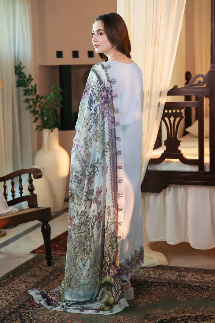 QALAMQAR-3PC DHANAK EMBROIDERED SHIRT WITH COURTRAI PRINTED SHAWL AND TROUSER-UR-3801