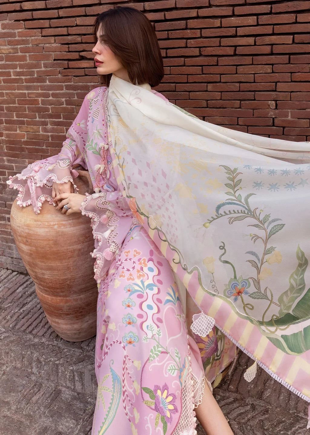 CRIMSON-3PC LAWN PRINTED EMB SHIRT WITH SILK PRINTED EMB DUPATTA AND TROUSER-UR-550