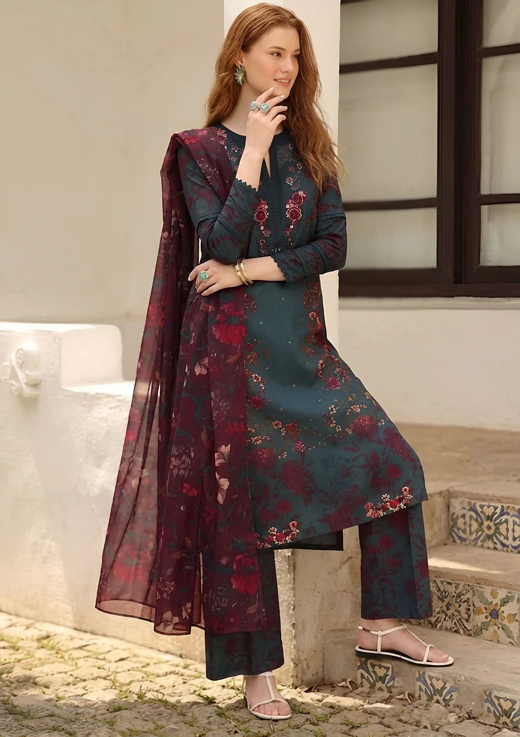 IZNIK-3PC LAWN PRINTED EMBROIDERED SHIRT WITH SILK PRINTED DUPATTA AND PRINTED EMB TROUSER-UR-522