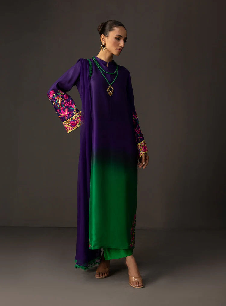 ZAINAB CHOTTANI-3PC SHAMOZE SILK PRINTED EMB SHIRT WITH SOFT SILK PRINTED DUPATTA & TROUSER-UR-2700
