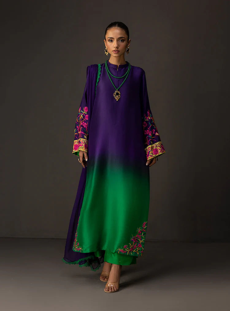 ZAINAB CHOTTANI-3PC SHAMOZE SILK PRINTED EMB SHIRT WITH SOFT SILK PRINTED DUPATTA & TROUSER-UR-129