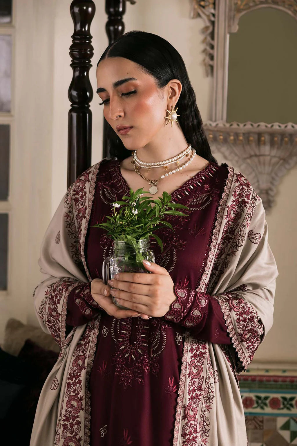 IMAGE-3PC DHANAK EMBROIDERED SHIRT WITH DHANAK EMBROIDERED SHAWL AND TROUSER-UR-4590