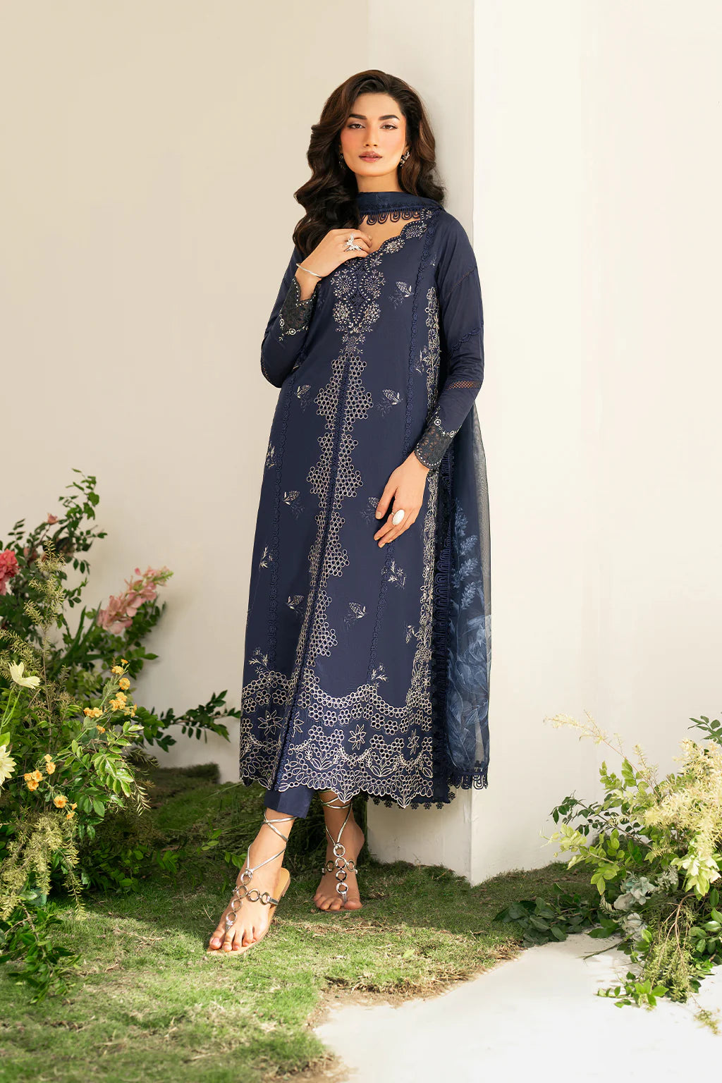 IZNIK-3PC DHANAK CHIKAN EMBROIDERED SHIRT WITH COURTRAI PRINTED SHAWL AND EMB TROUSER-UR-4056