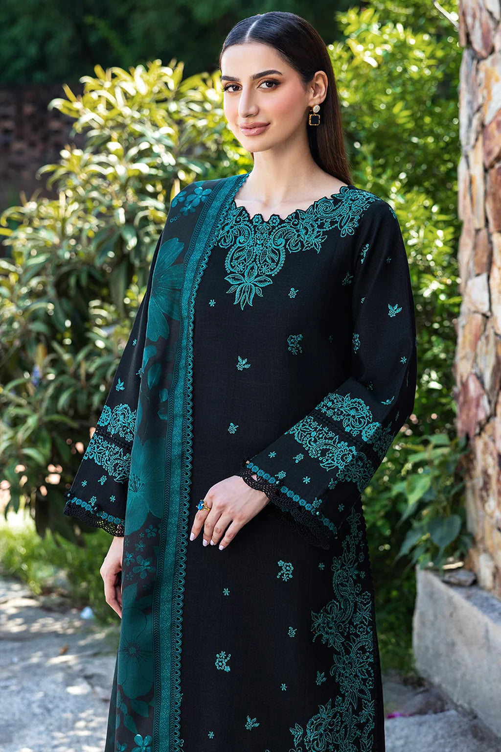 BATIK-3PC KHADDAR EMBROIDERED SHIRT WITH COURTRAI PRINTED SHAWL AND TROUSER-UR-4583