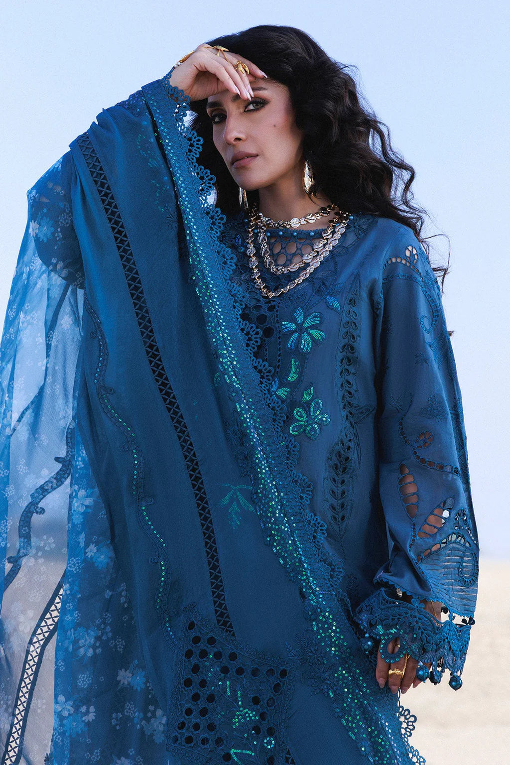 NUREH-3PC LAWN LASERWORK EMBROIDERED SHIRT WITH CHIFFON PRINTED EMB DUPATTA AND TROUSER-UR-3792