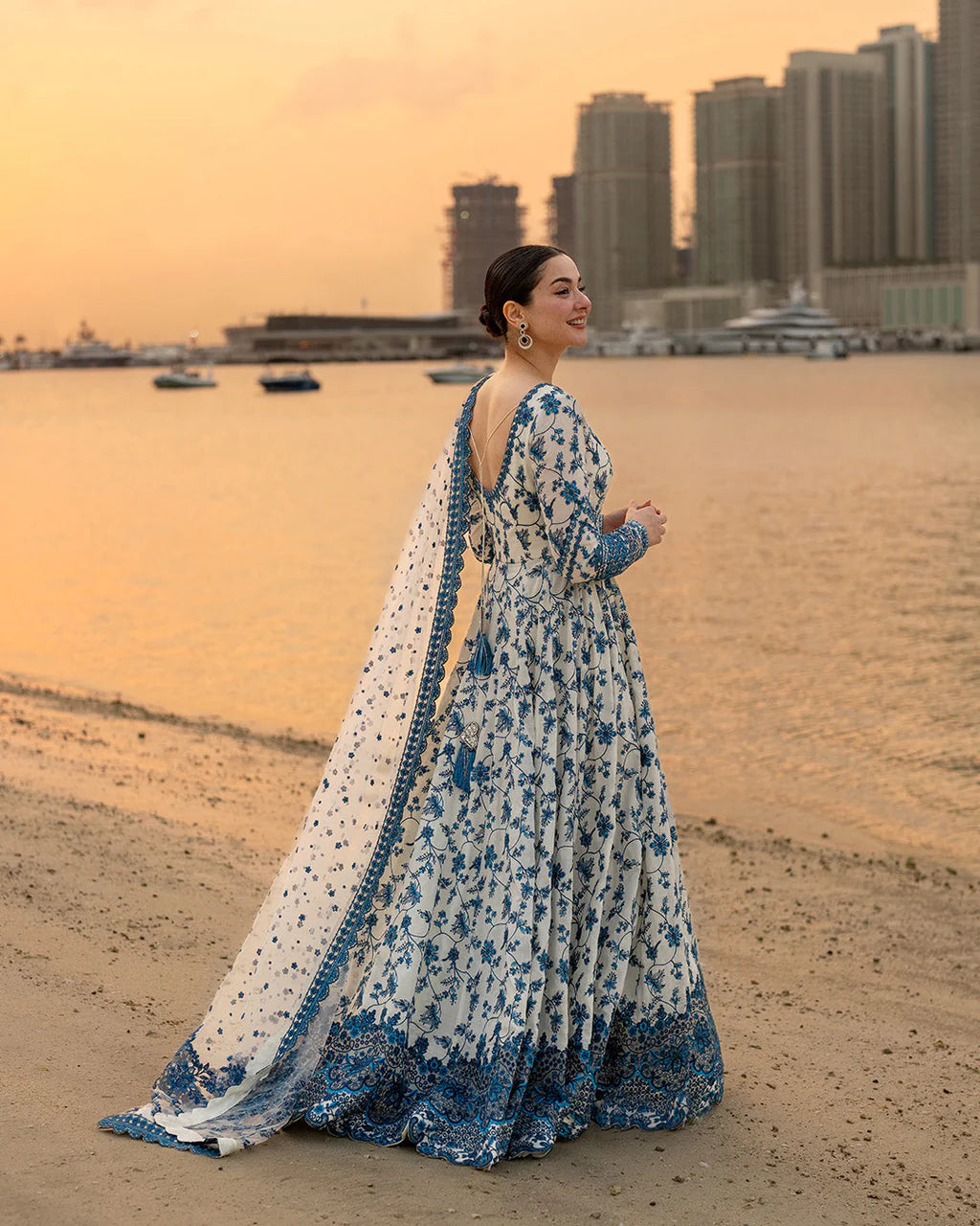 FAIZA SAQLAIN-FROCK 3PC LAWN EMBROIDERED SHIRT WITH NET EMBROIDERED DUPATTA AND TROUSER-UR-4832