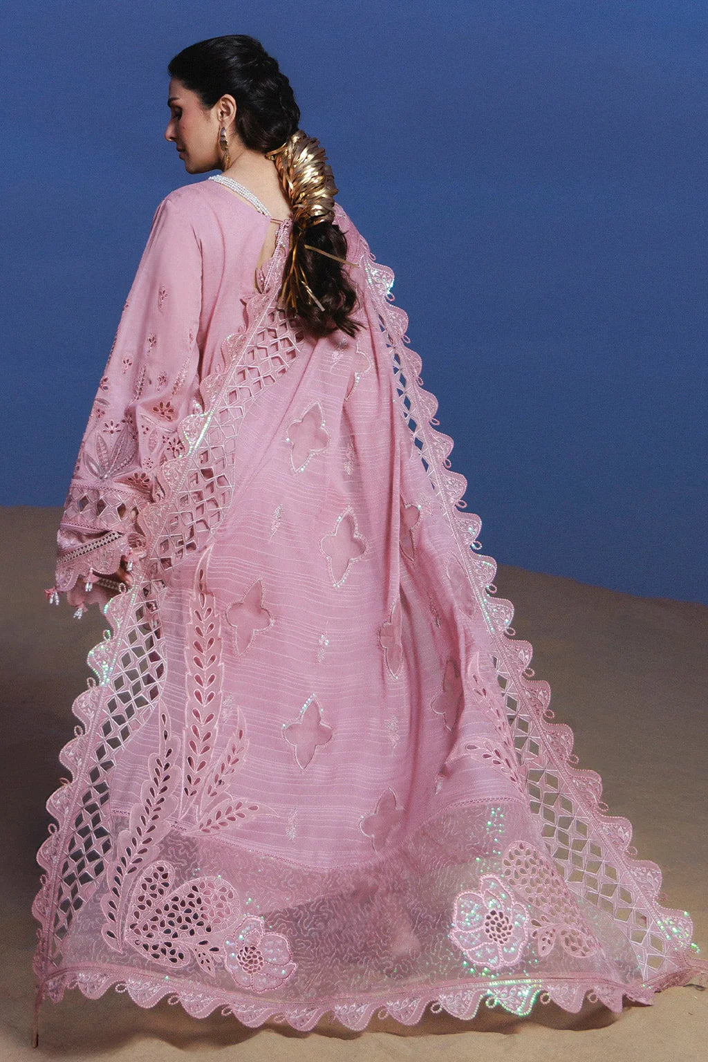 NUREH-3PC LAWN SEQUIN CHIKANKAARI EMBROIDERED SHIRT WITH KHADDI NET EMBROIDERED DUPATTA AND TROUSER-UR-3756