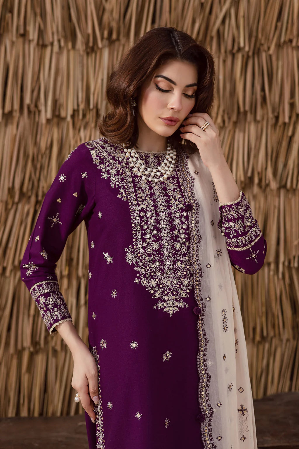 BATIK-3PC DHANAK EMBROIDERED SHIRT WITH DHANAK EMBROIDERED SHAWL AND TROUSER-UR-4145