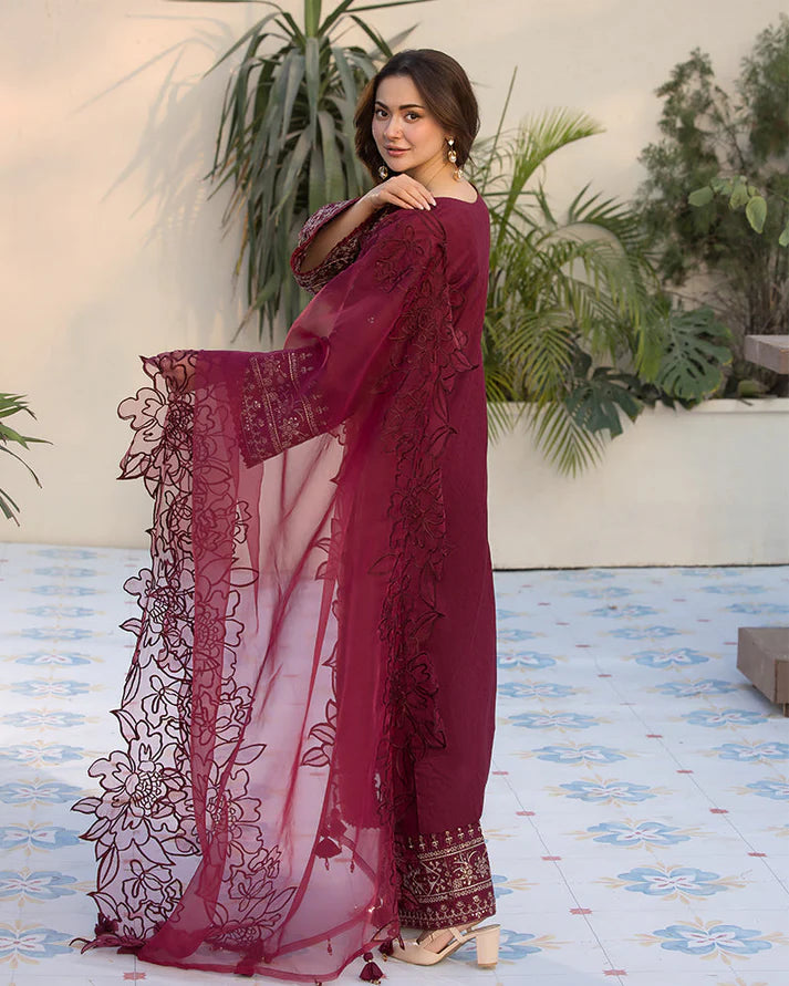 QALAMQAR-3PC LAWN EMBROIDERED SHIRT WITH ORGANZA EMBROIDERED DUAPATTA AND TROUSER-2927