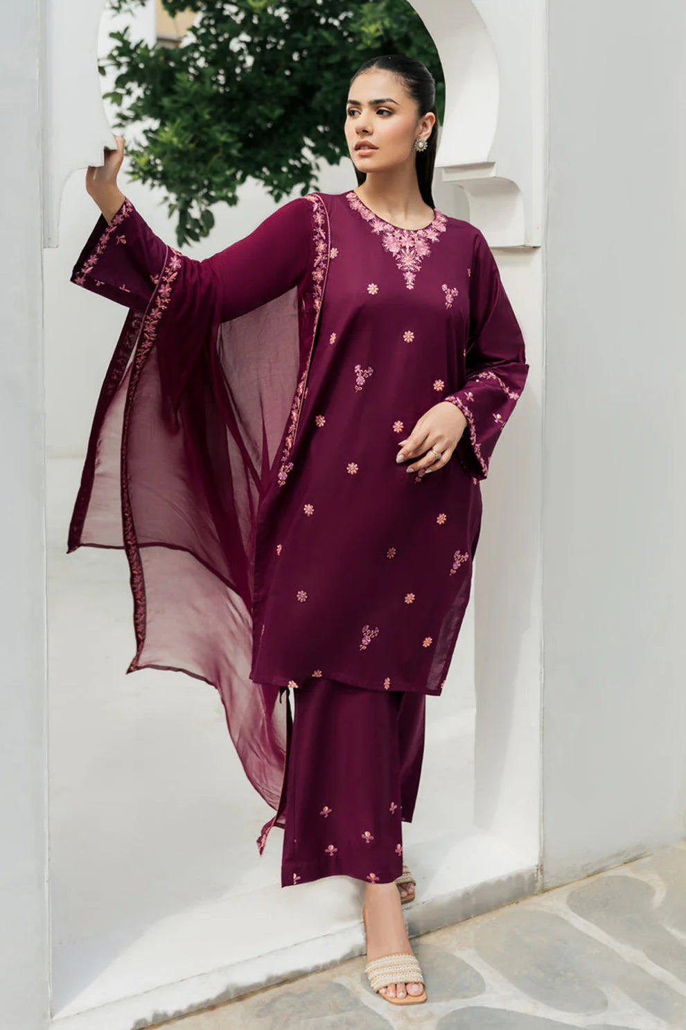 JAZMIN-3PC DHANAK EMBROIDERED SHIRT WITH CHIFFON EMBROIDRED DUPATTA AND TROUSER-TANA-1622