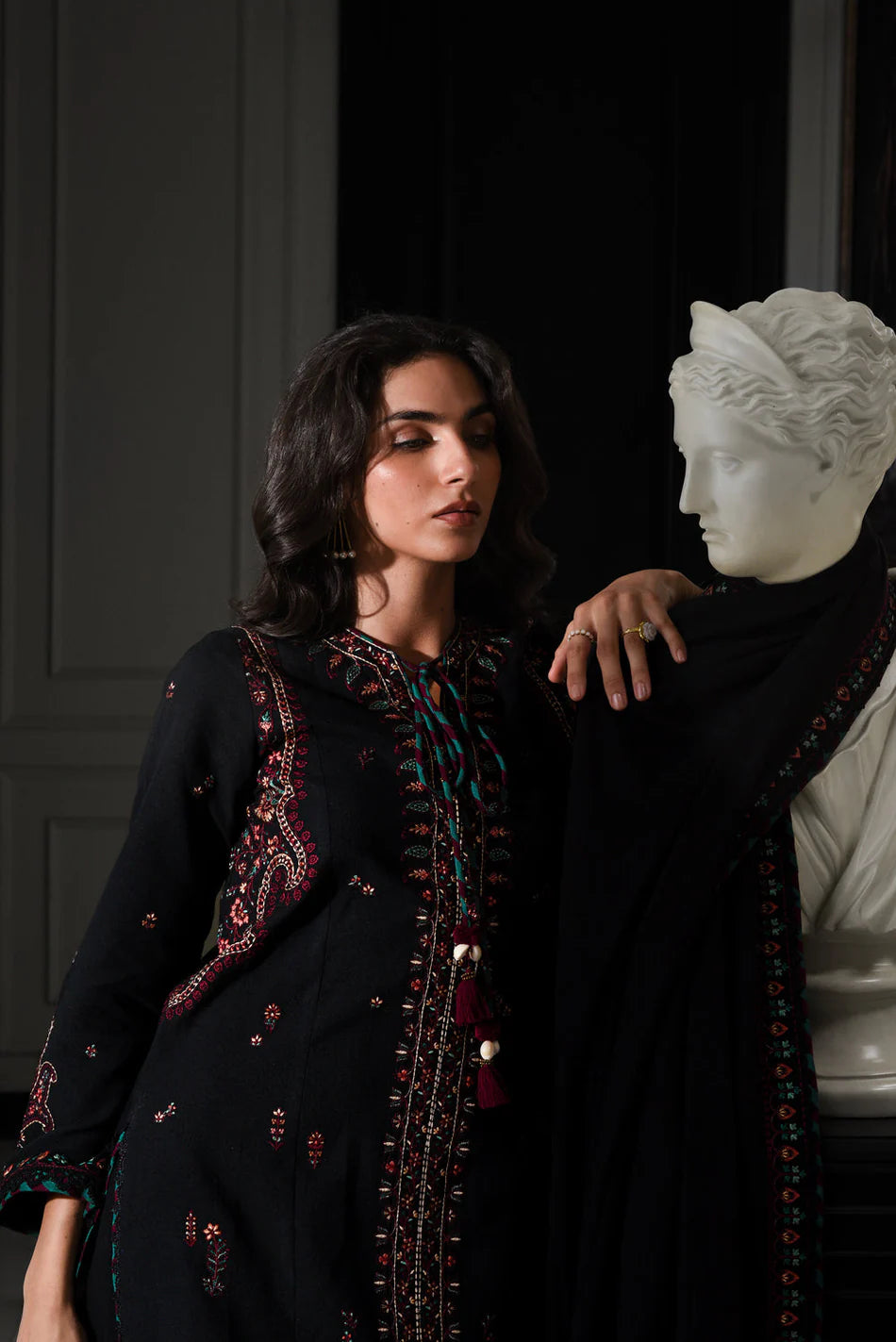 ZAIB-3PC DHANAK EMBROIDERED SHIRT WITH DHANAK EMBROIDERED SHAWL AND TROUSER-UR-4050