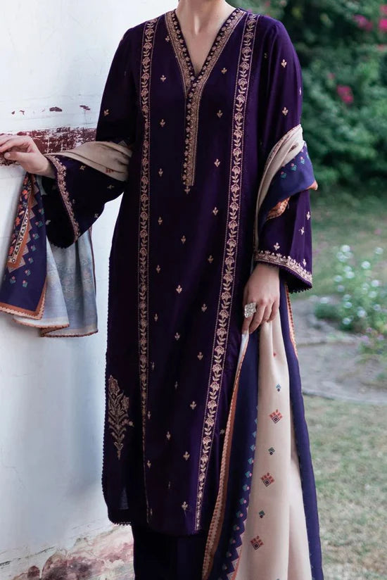 HUSSAIN RAHER-3PC DHANAK EMBROIDERED SHIRT WITH COURTRAI PRINTED SHAWL & TROUSER-