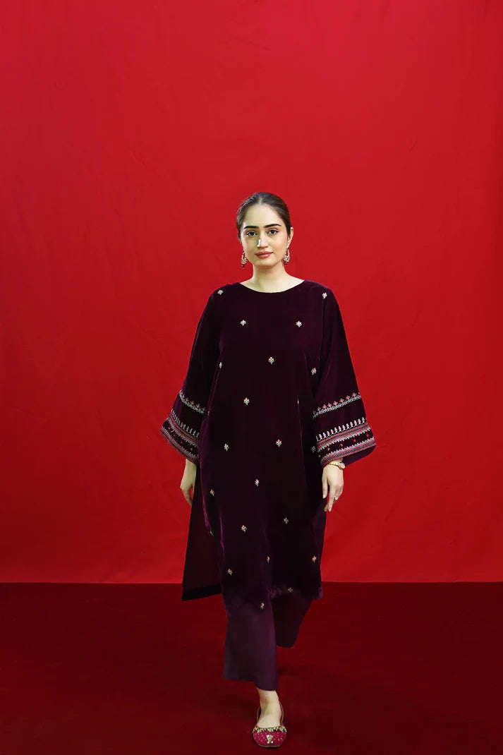URGE-2PC VELVET EMBROIDERED SHIRT WITH VELEVT EMBROIDERED SLEEVES-TBF- 007- MICRO VELVET -9000
