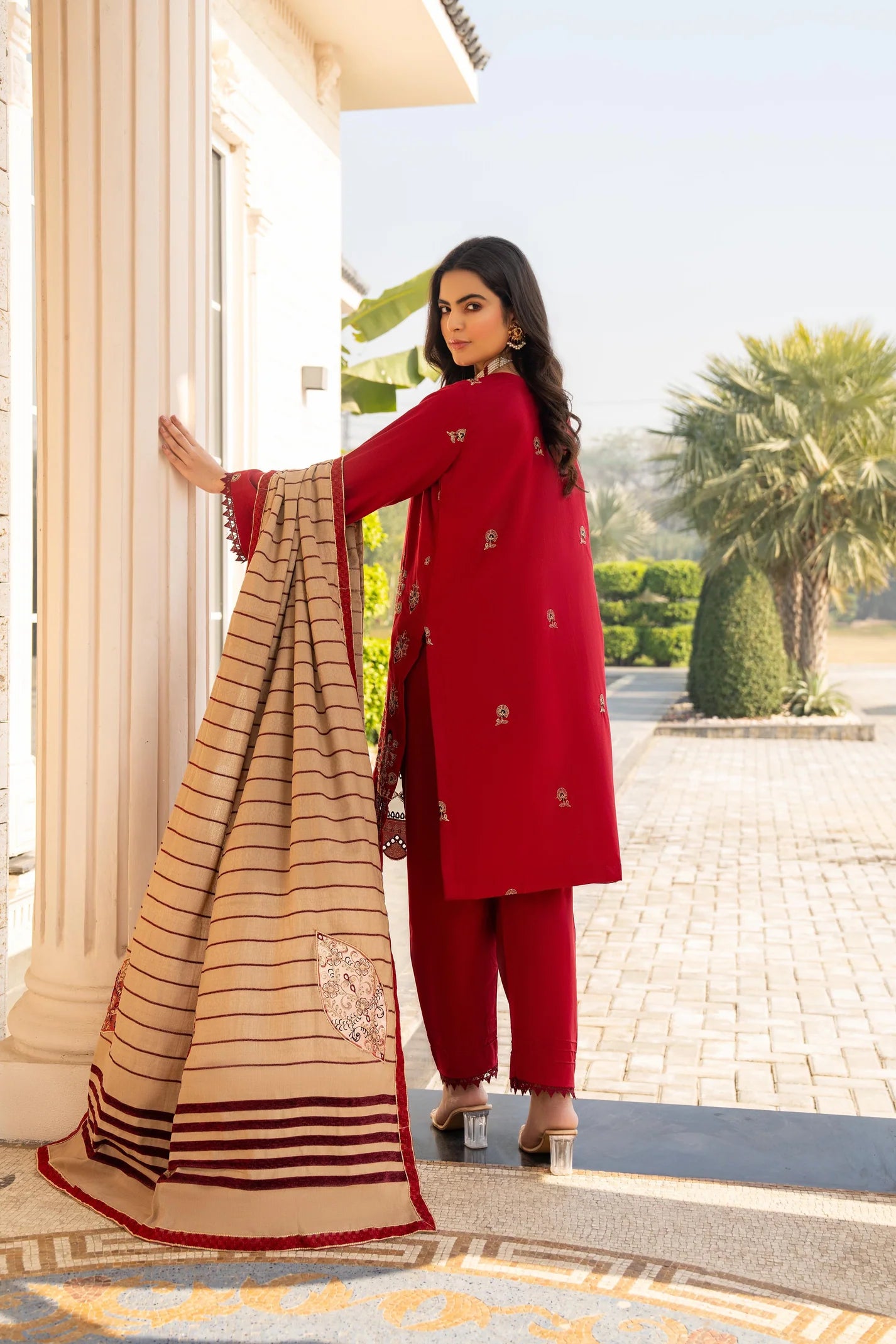 TANA BANA-3PC DHANAK CUTWORK EMBROIDERED SHIRT WITH HEAVY CUTWORK EMBROIDERED JACQUARD WOOL SHAWL -TBF-1002