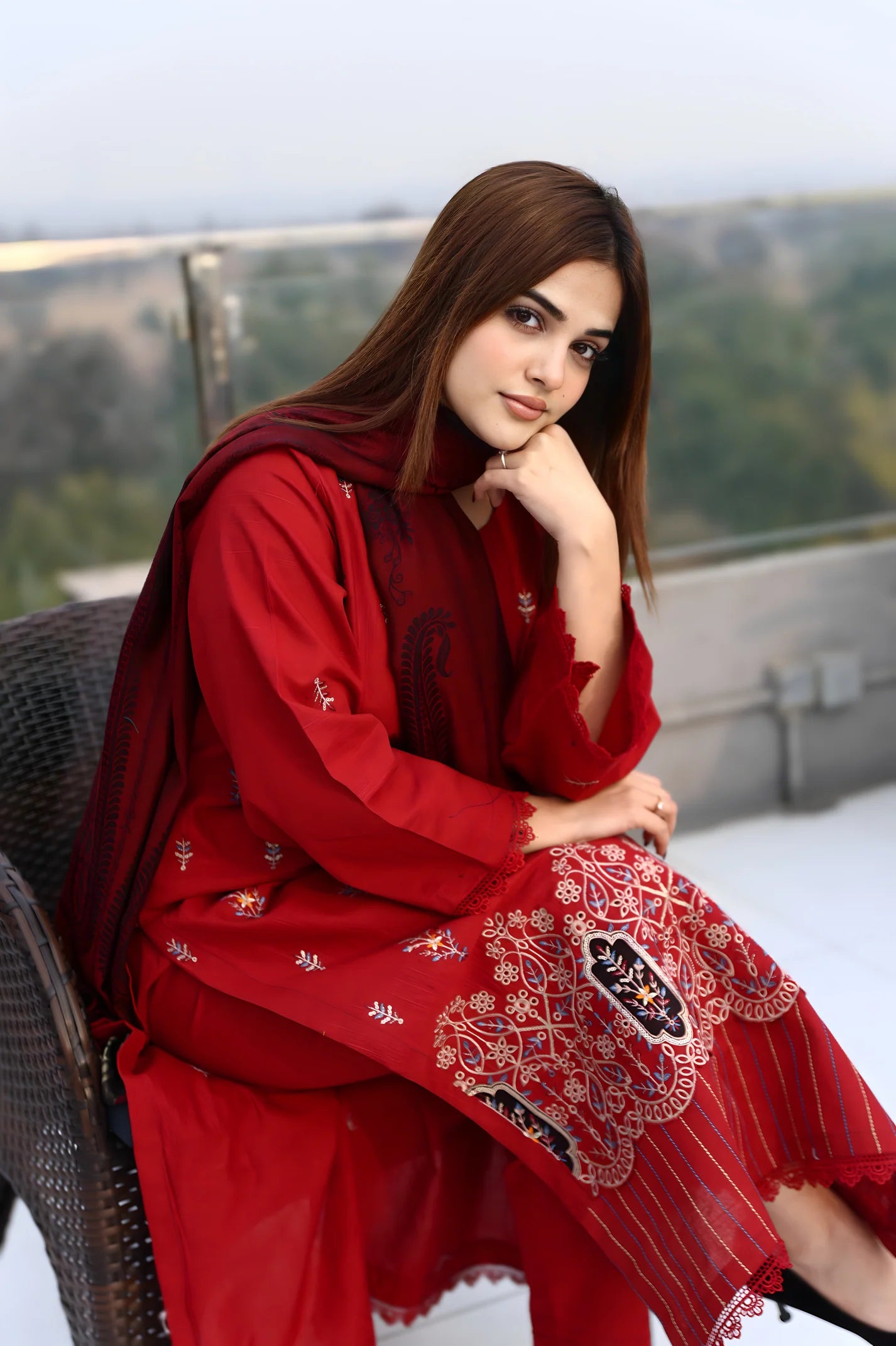 URAN-3PC KHADDAR CUTWORK EMBROIDERED SHIRT WITH KASHMIRI JACQUARD WOOL SHAWL-TBF-RED