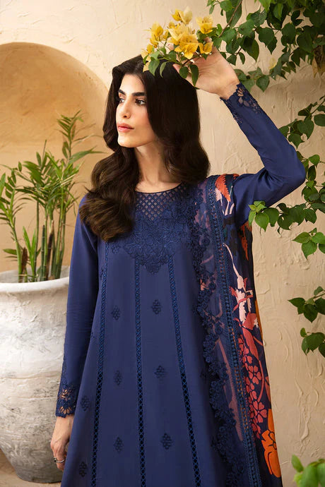 AZURE-3PC LAWN EMBROIDERED SHIRT WITH MONARK PRINT DUPATTA AND TROUSER-UR-2573