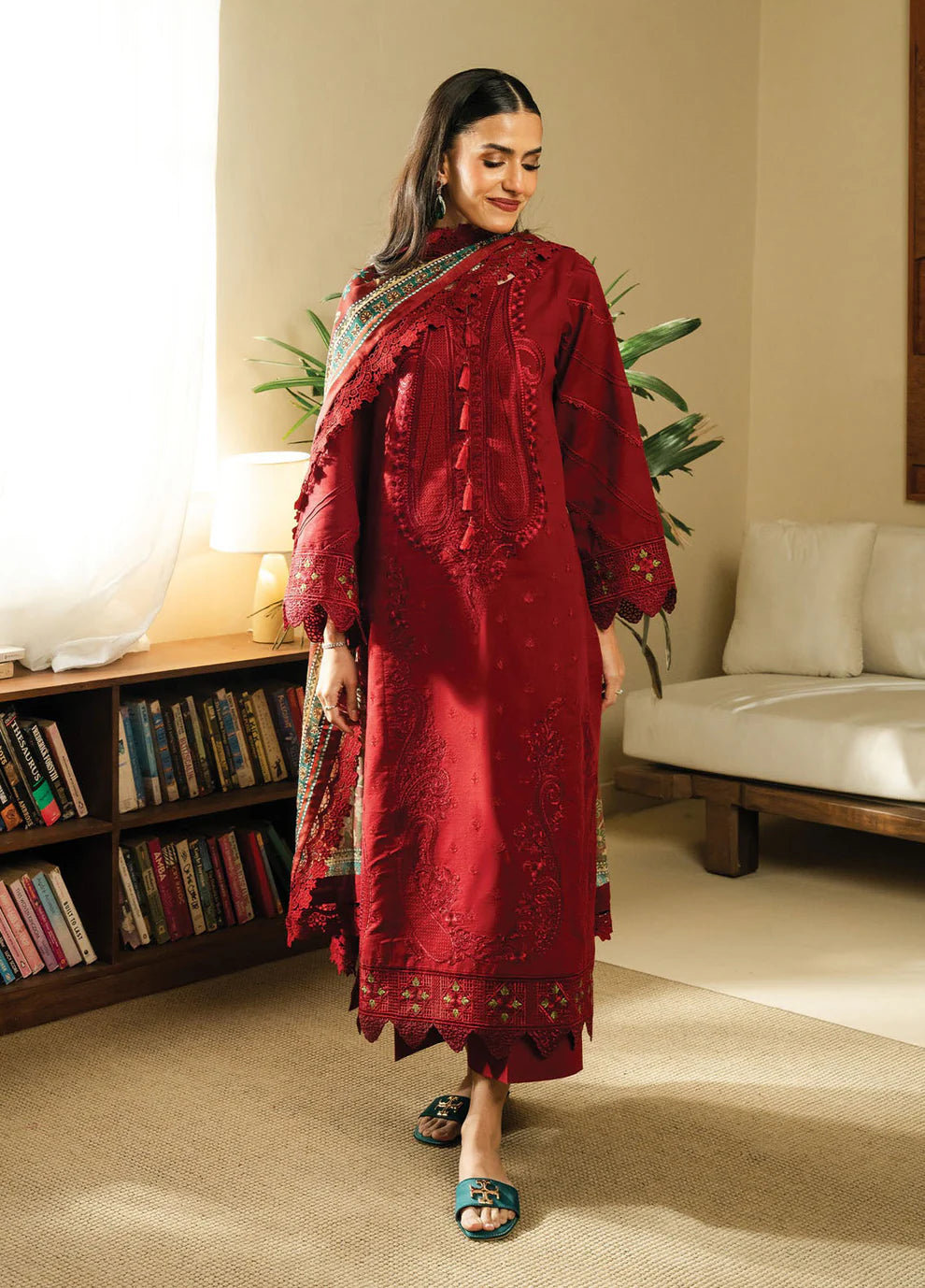 BATIK-3PC DHANAK EMBROIDERED SHIRT WITH COUTRAI WOOL PRINTED SHAWL AND TROUSER-UR-3888