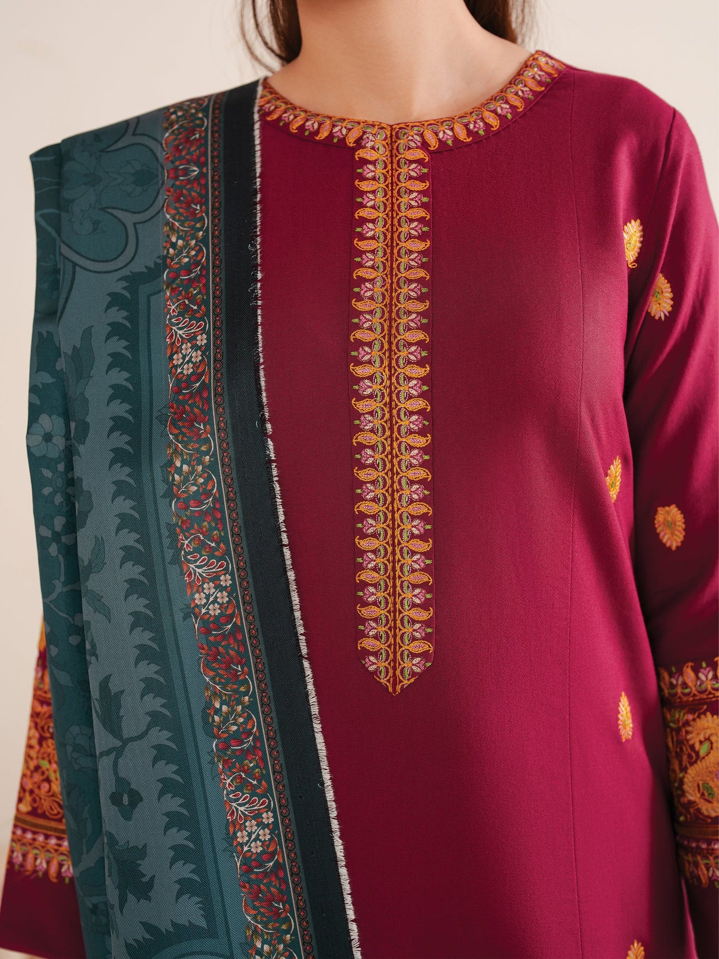 GARNET-3PC LAWN EMBROIDERED SHIRT WITH MONARK PRINT DUPATTA AND TROUSER-UR-2574