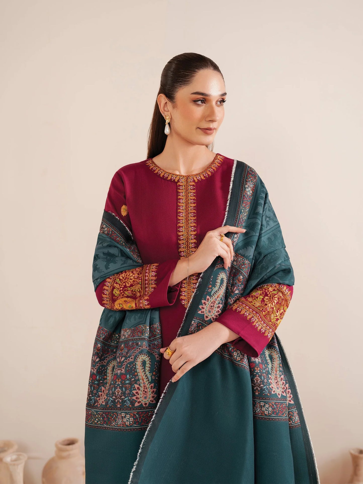 GARNET-3PC LAWN EMBROIDERED SHIRT WITH MONARK PRINT DUPATTA AND TROUSER-UR-2574