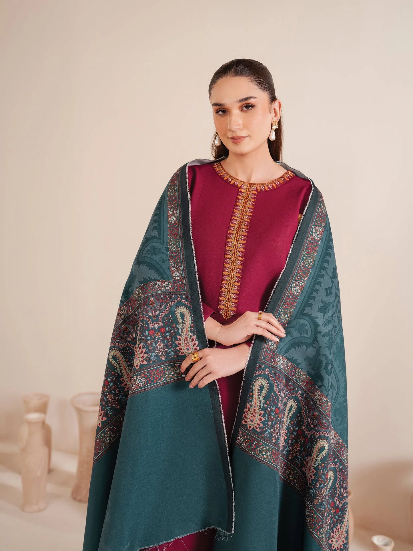 GARNET-3PC LAWN EMBROIDERED SHIRT WITH MONARK PRINT DUPATTA AND TROUSER-UR-2574
