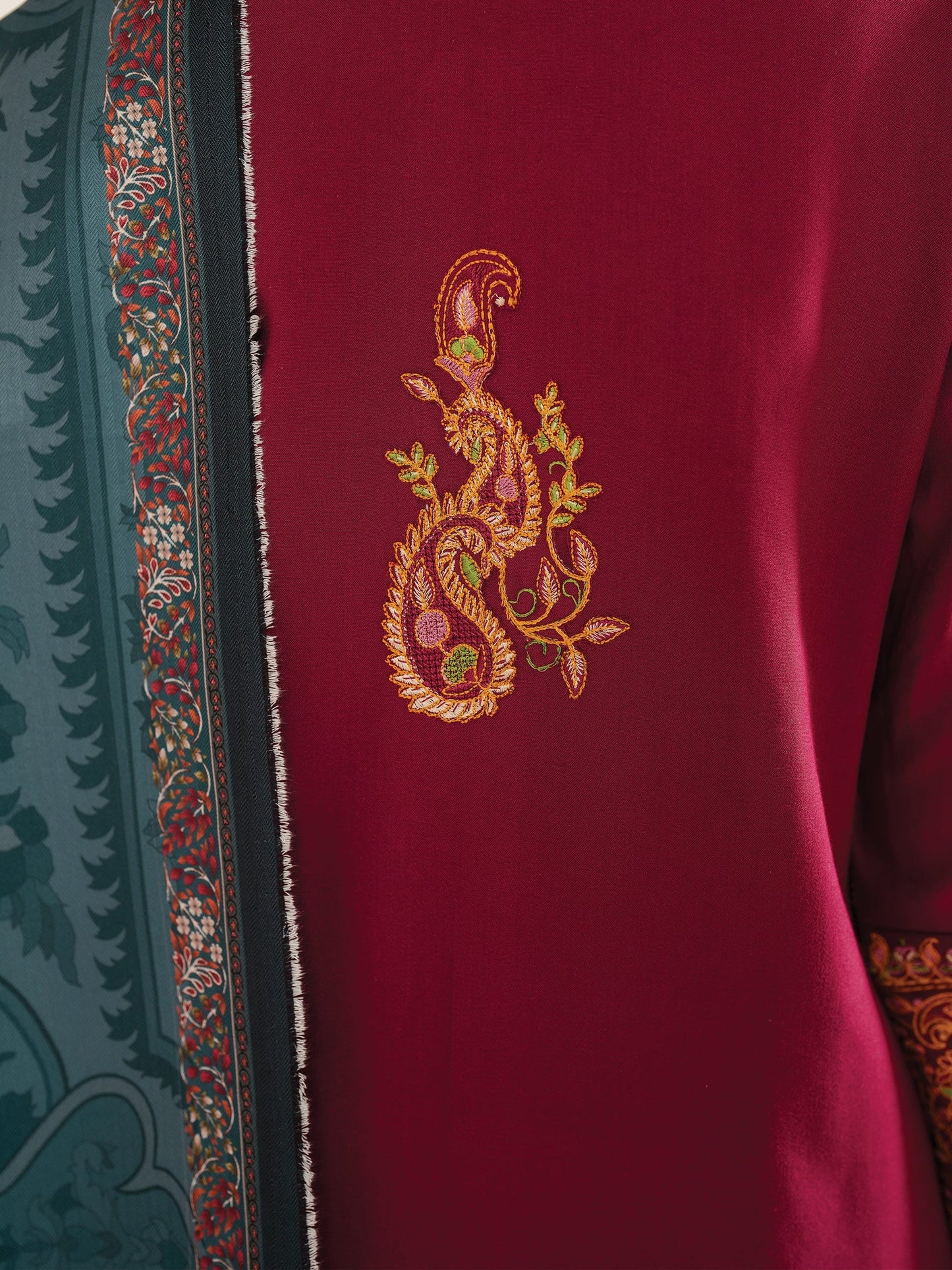 GARNET-3PC LAWN EMBROIDERED SHIRT WITH MONARK PRINT DUPATTA AND TROUSER-UR-2574