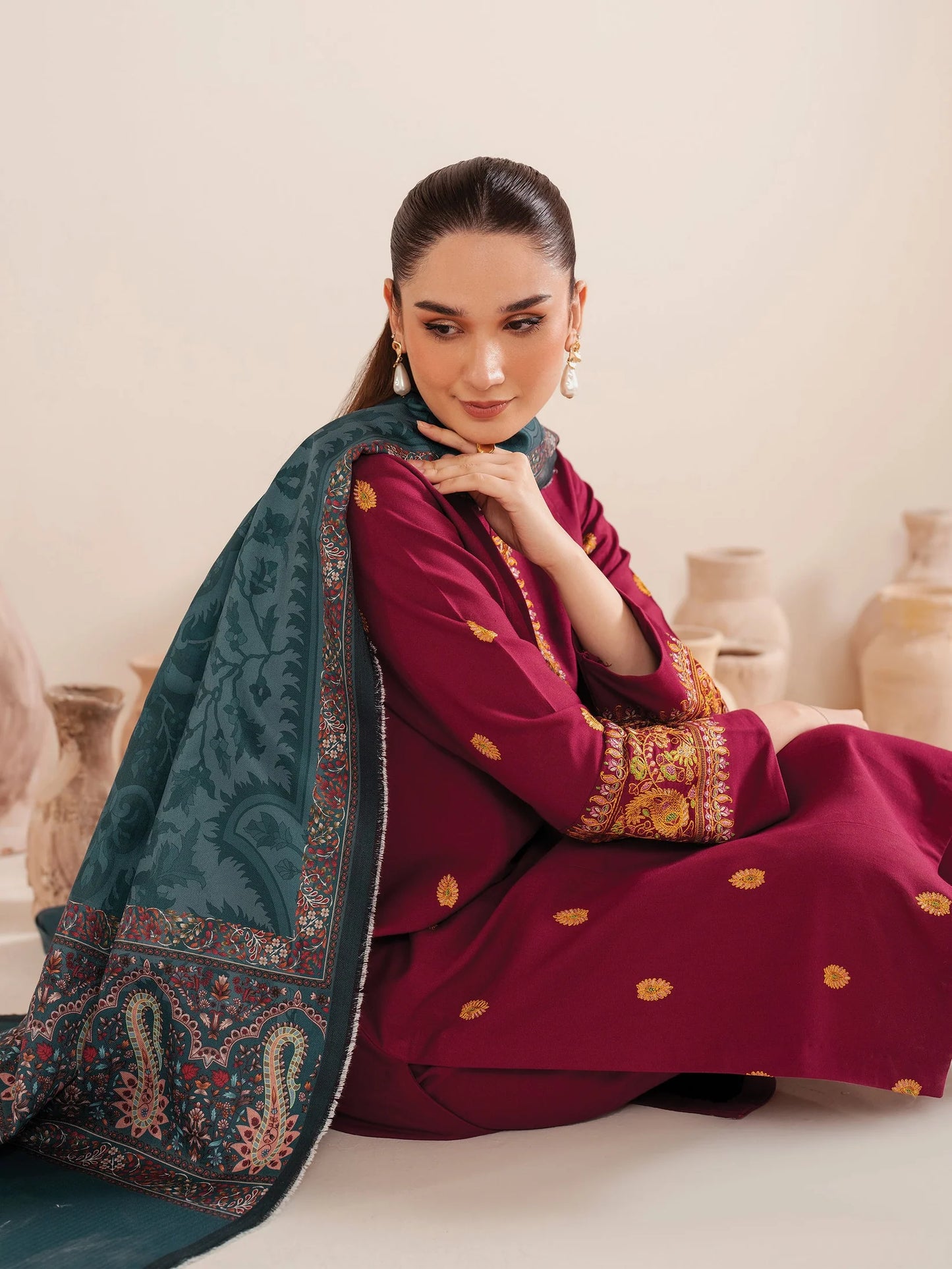 GARNET-3PC LAWN EMBROIDERED SHIRT WITH MONARK PRINT DUPATTA AND TROUSER-UR-2574