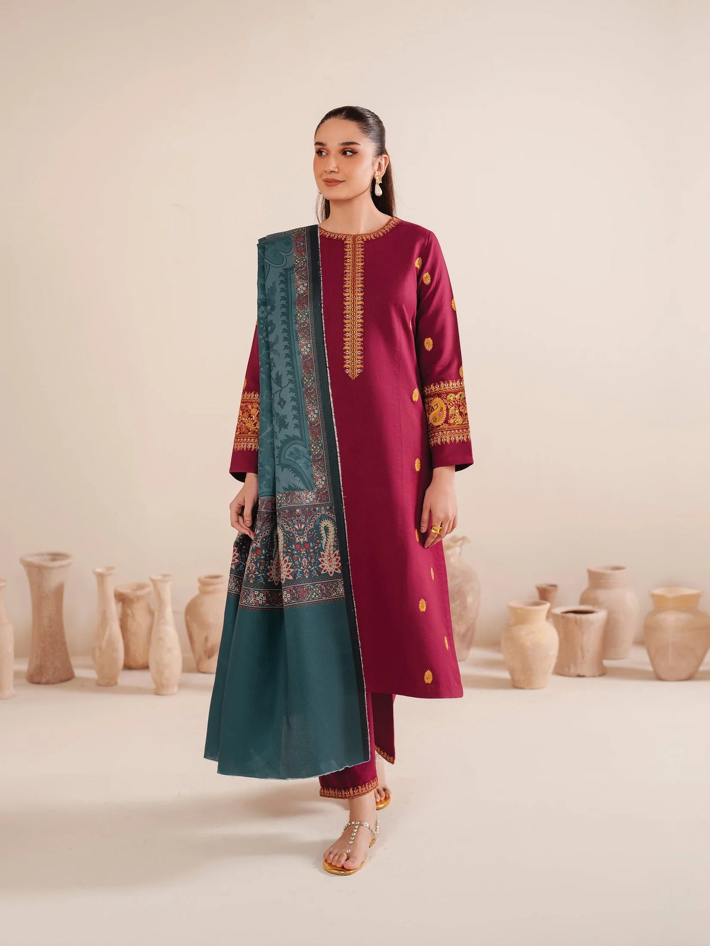 GARNET-3PC LAWN EMBROIDERED SHIRT WITH MONARK PRINT DUPATTA AND TROUSER-UR-2574