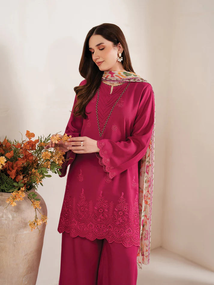 GARNET-3PC LAWN EMBROIDERED SHIRT WITH MONARK PRINT DUPATTA AND EMB TROUSER-UR-2625
