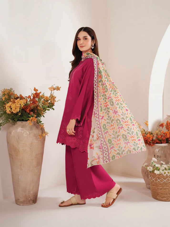 GARNET-3PC LAWN EMBROIDERED SHIRT WITH MONARK PRINT DUPATTA AND EMB TROUSER-UR-2625