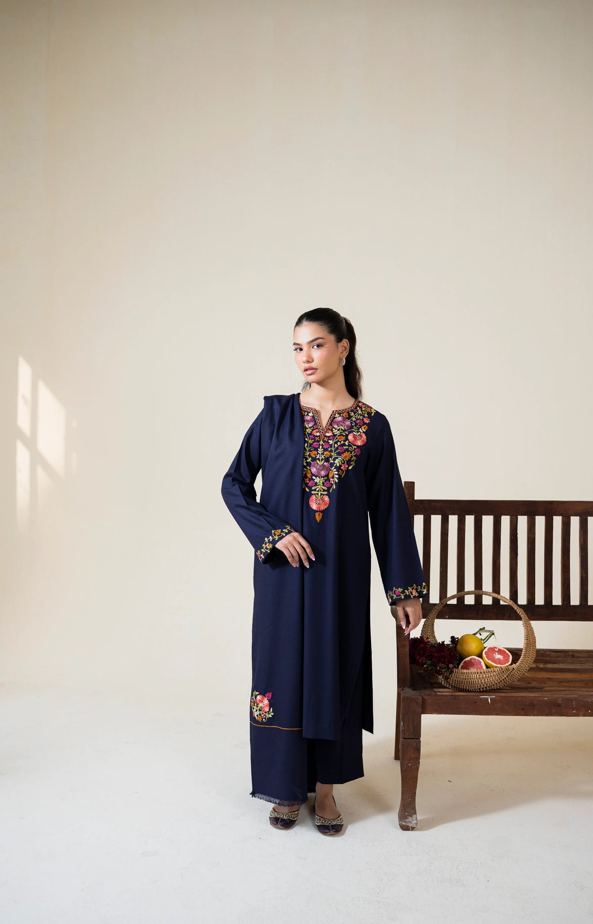 AISLING-3PC DHANAK EMBROIDERED SHIRT WITH DHANAK EMBROIDERED SHAWL AND TROUSER-UR-4617
