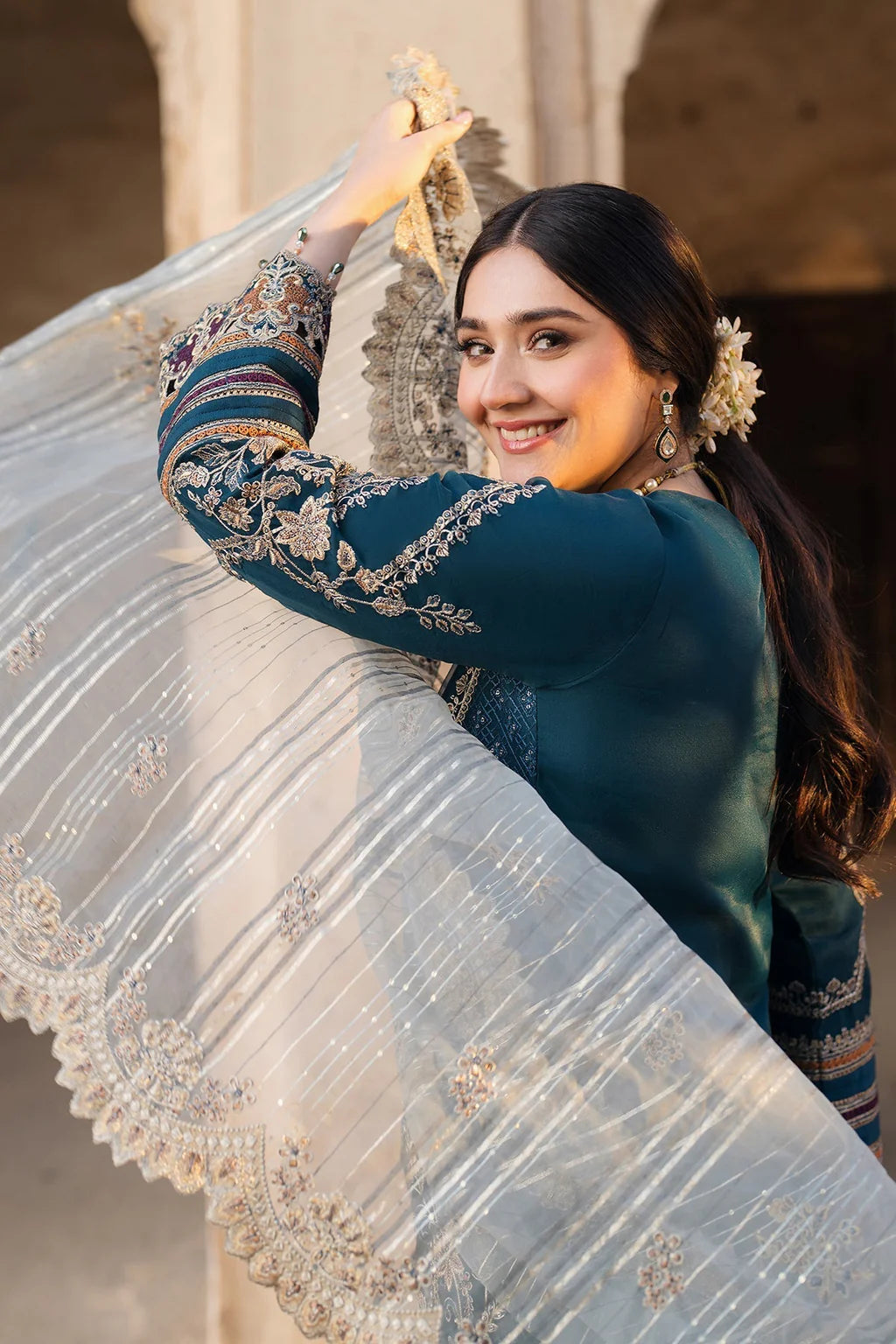 BATIK-3PC DHANAK HEAVY EMBROIDERED SHIRT WITH COTTON NET EMBROIDERED DUPATTA AND EMB TROUSER-UR-4025