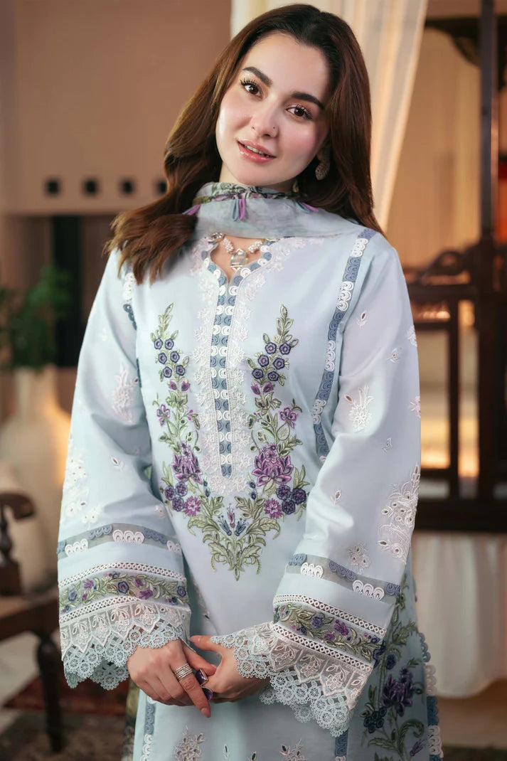 QALAMQAR-3PC LAWN EMBROIDERED SHIRT WITH MONARK PRINT DUAPATTA AND TROUSER-UR-2950