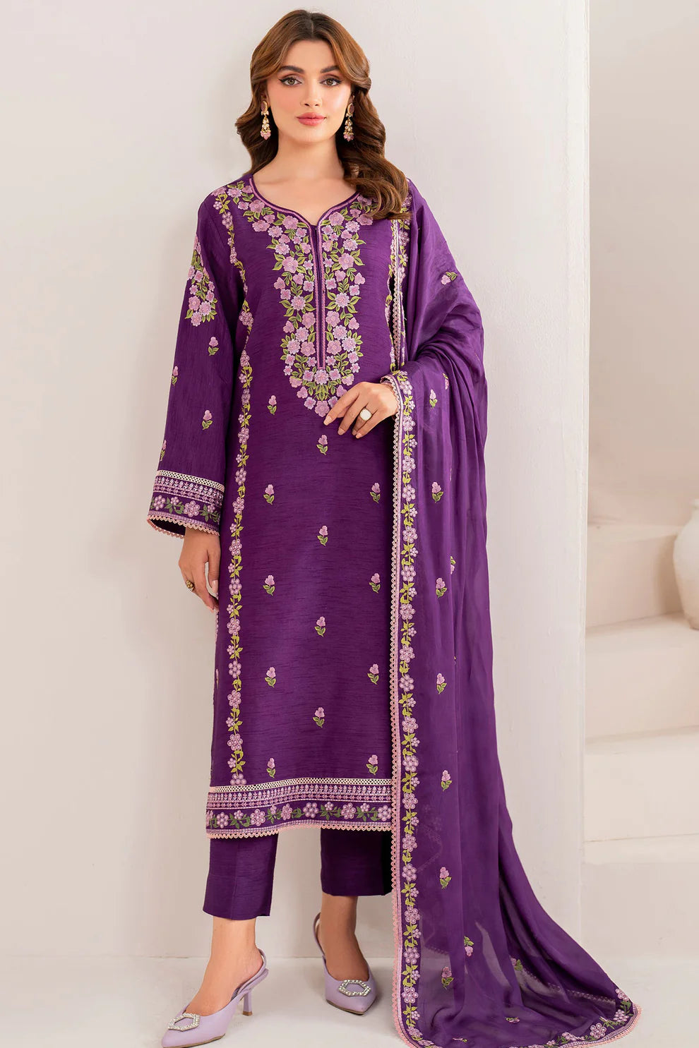 GARNET-3PC LAWN EMBROIDERED SHIRT WITH CHIFFON EMBROIDERED DUPATTA AND TROUSER-UR-2566