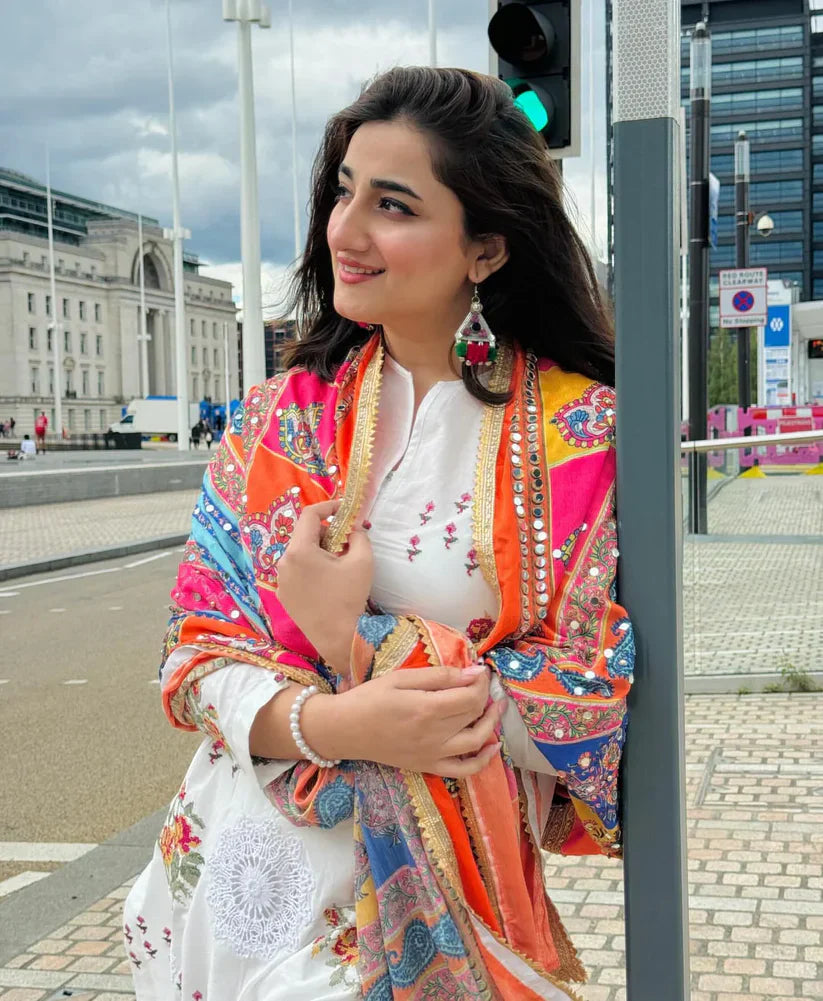 NIMRA MEHRA-3PC LAWN EMBROIDERED SHIRT WITH MONARK PRINTED DUPATTA & EMB TROUSER-UR-2500