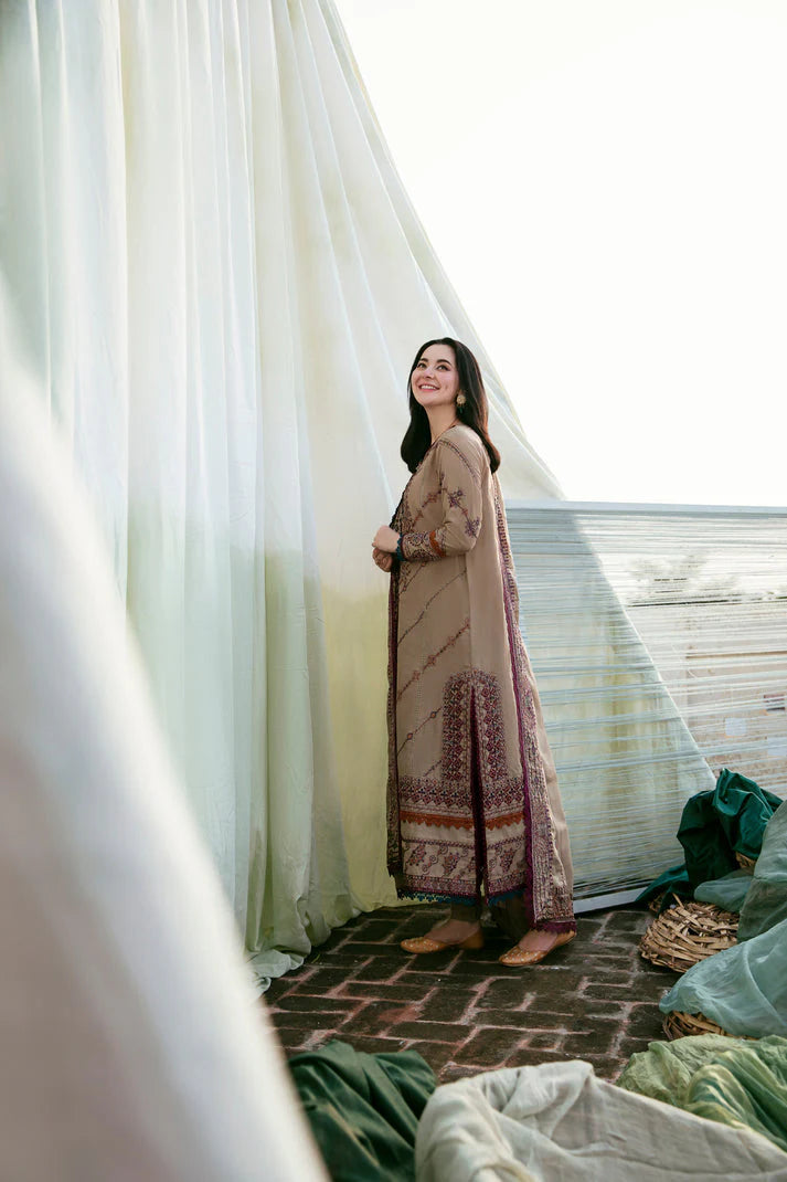 FLORENT-3PC DHANAK EMBROIDERED SHIRT WITH DHANAK EMBROIDERED SHAWL & TROUSER-UR-3865