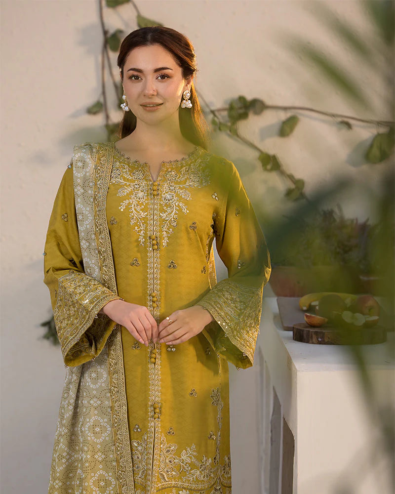 JADE-3PC LAWN EMBROIDERED SHIRT WITH MONARK PRINT DUPATTA & TROUSER-UR-3233