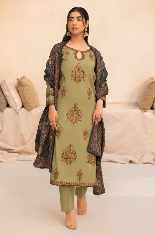 MOHAGNI.-3PC LAWN EMBROIDERED SHIRT WITH MONARK PRINT DUPATTA AND TROUSER-UR-2607
