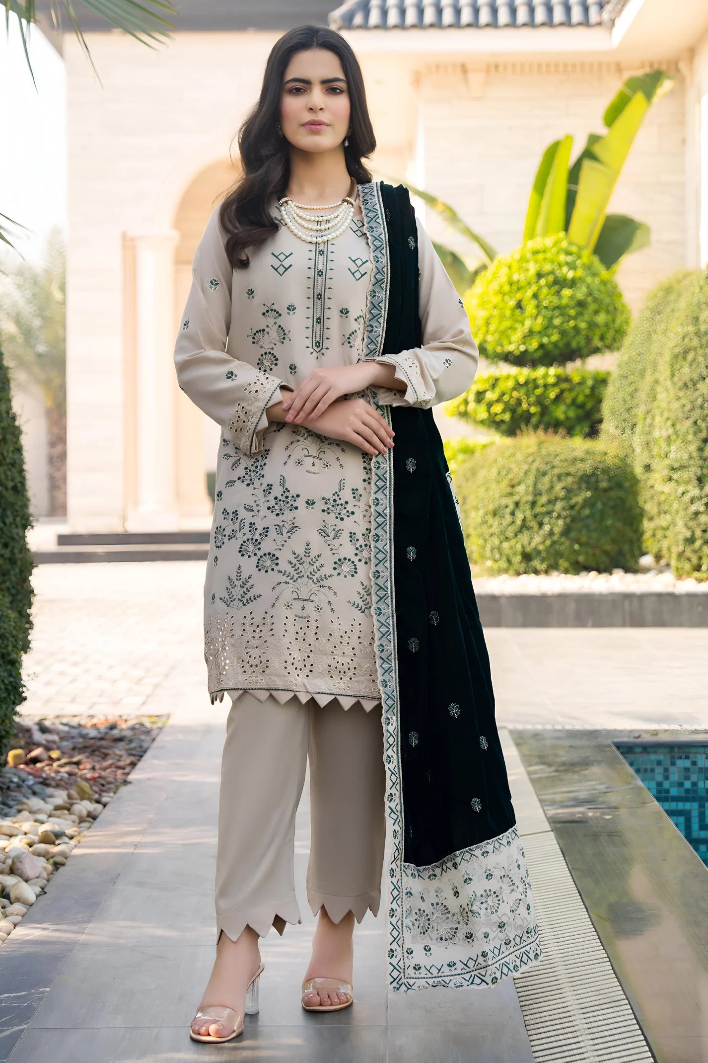 TANA BANA-3PC DHANAK EMBROIDERED SHIRT WITH VELVET EMBROIDERED READY TO WEAR SHAWL-TBF-1003