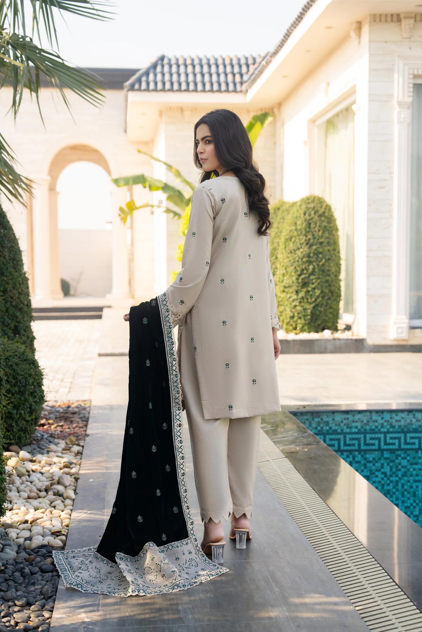 TANA BANA-3PC DHANAK EMBROIDERED SHIRT WITH VELVET EMBROIDERED READY TO WEAR SHAWL-TBF-1003