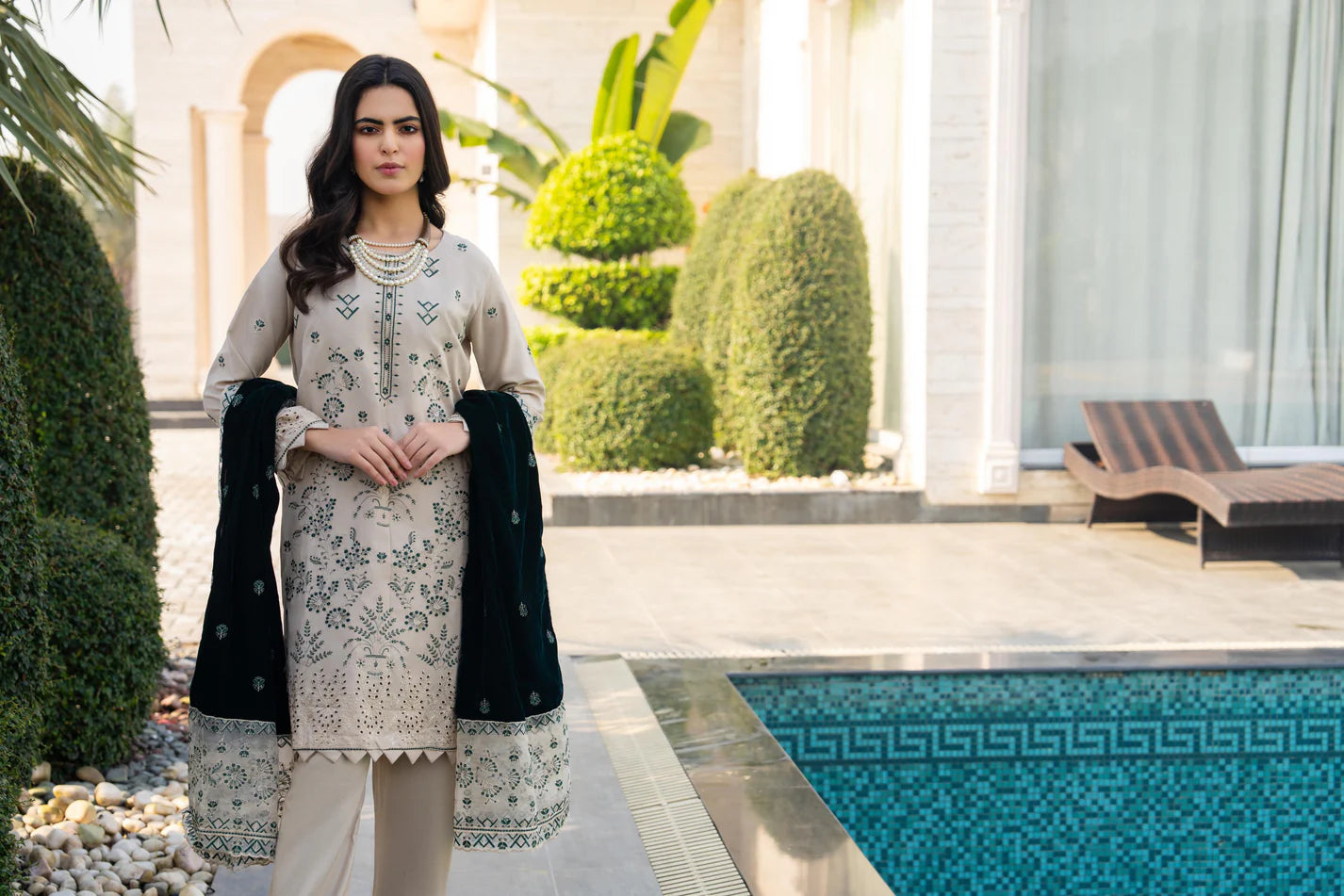 TANA BANA-3PC DHANAK EMBROIDERED SHIRT WITH VELVET EMBROIDERED READY TO WEAR SHAWL-TBF-1003