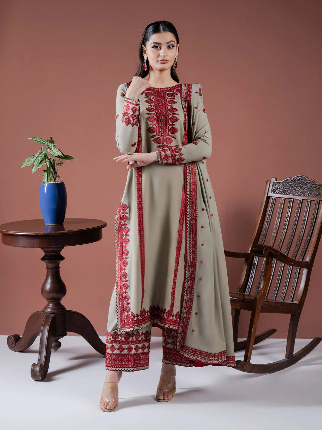 ASIM JOFA-3PC DHANAK EMBROIDERED SHIRT WITH DHANAK EMBROIDERED SHAWL AND EMB TROUSER-UR-4321
