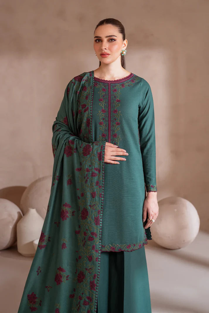 IZNIK-3PC DHANAK EMBROIDERED SHIRT WITH DHANAK EMBROIDERED SHAWL & TROUSER-UR-3890