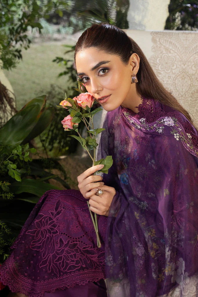 SOBIA NAZIR-3PC LAWN LASERCUT EMBROIDERED SHIRT WITH MONARK PRINT DUPATTA AND TROUSER -UR-2815
