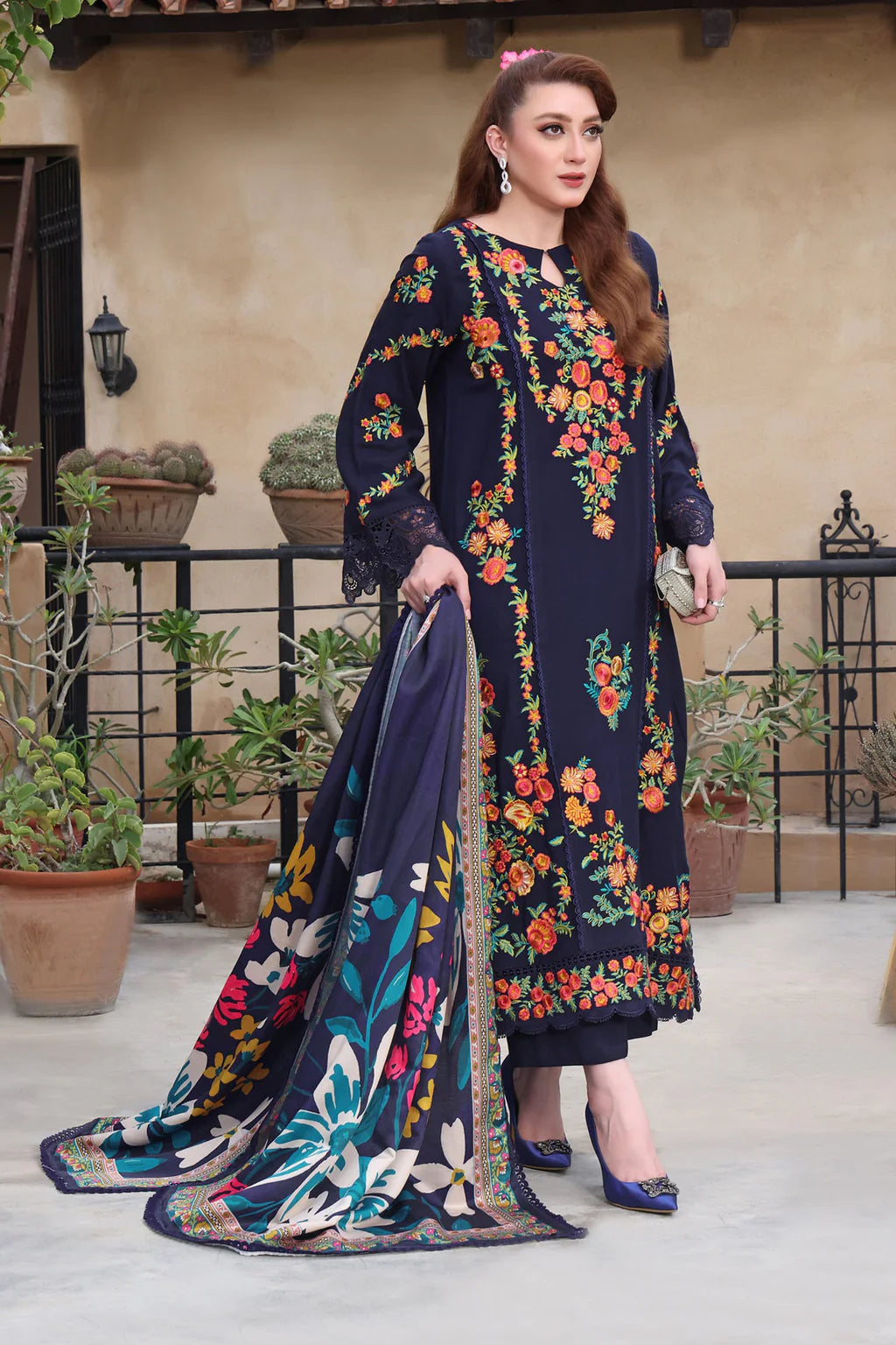 ASIM JOFA-3PC DHANAK EMBROIDERED SHIRT WITH COURTRAI PRINTED SHAWL & TROUSER -UR-4073