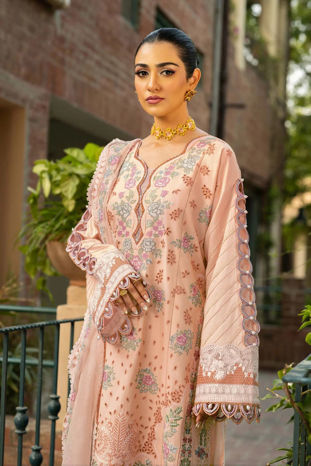 MAHNUR-3PC LAWN EMBROIDERED SHIRT WITH KHAADI NET EMBROIDERED DUPATTA AND TROUSER-UR-3578