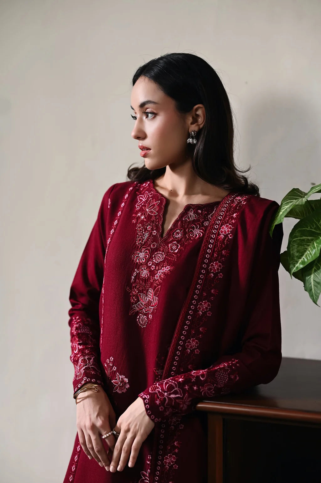 ZAIB-3PC DHANAK EMBROIDERED SHIRT WITH DHANAK EMBROIDERED SHAWL AND TROUSER-UR-4620